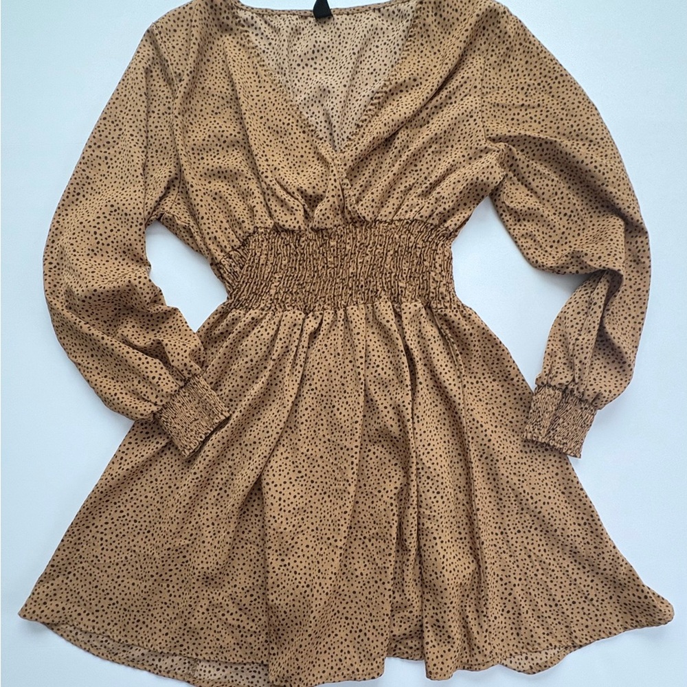SHEIN Tan Long Sleeve Polka Dot Dress